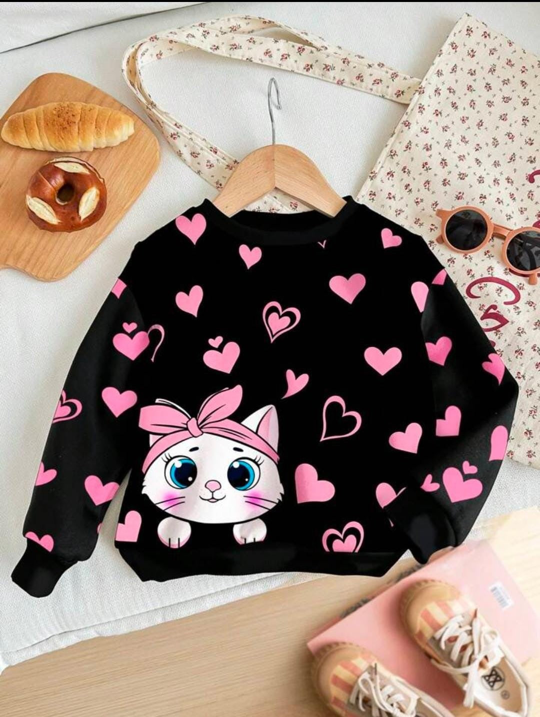 Black Cute Cat Printed Fleece Winter Kids Tracksuit For Girls