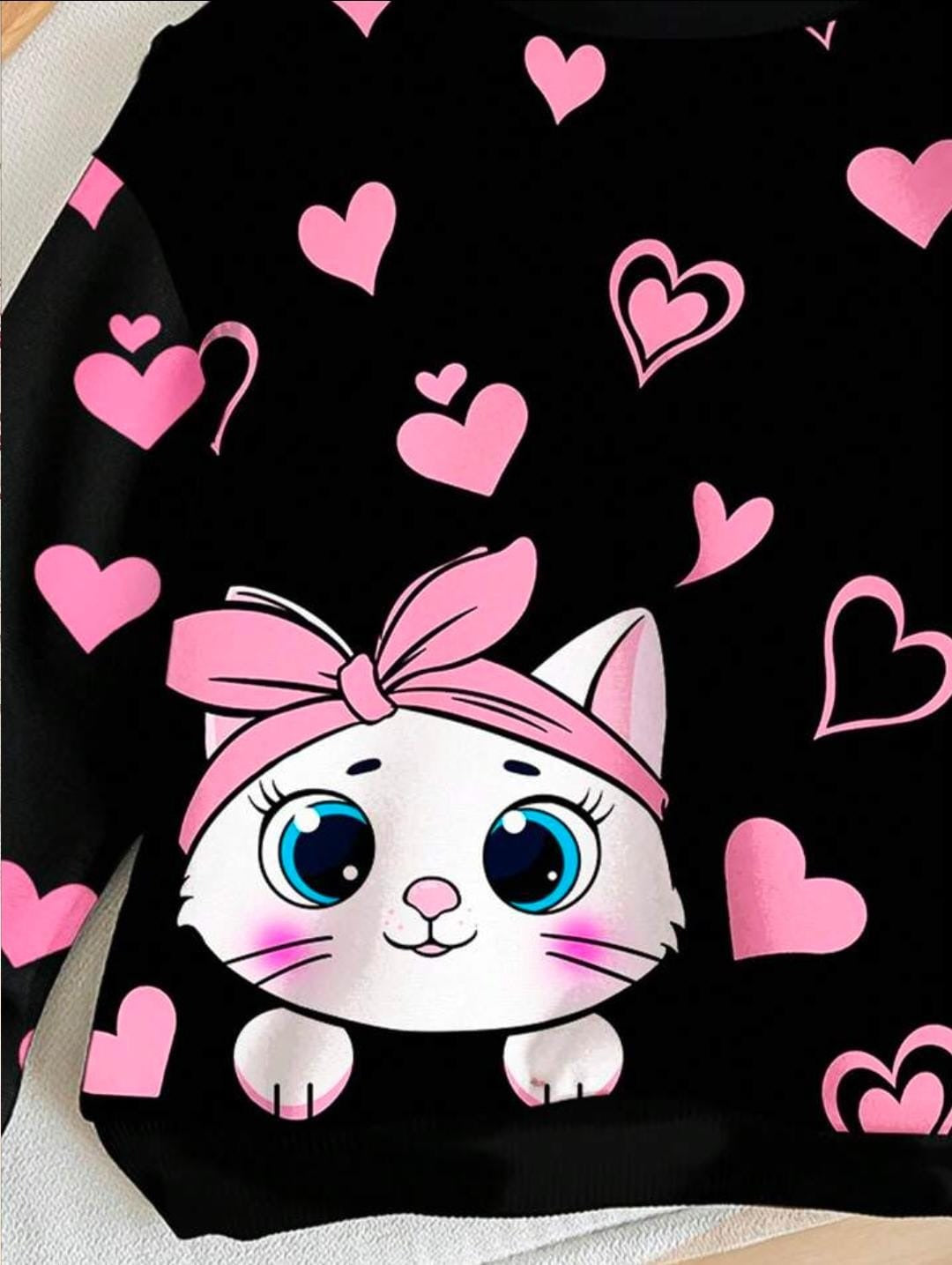 Black Cute Cat Printed Fleece Winter Kids Tracksuit For Girls